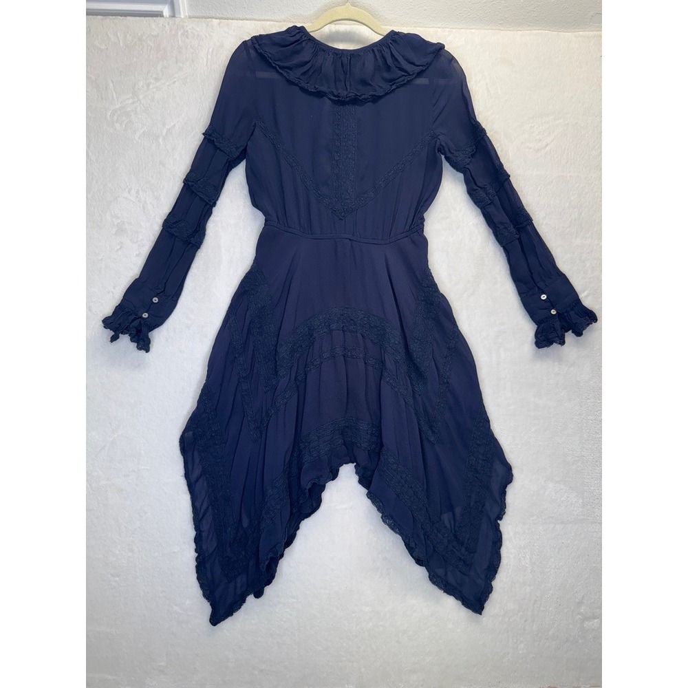 LoveShackFancy Dress Womens M Navy Blue Pre-Owned Ruffle Lace Hem Mini Dress - Picture 8 of 12